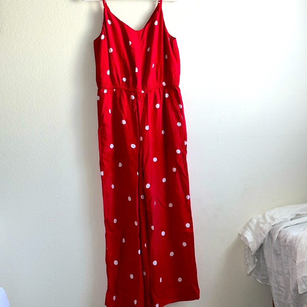 LOFT Red & White Polk Dot Adjustable Spaghetti Straps Wide Leg Jumpsuit Size S